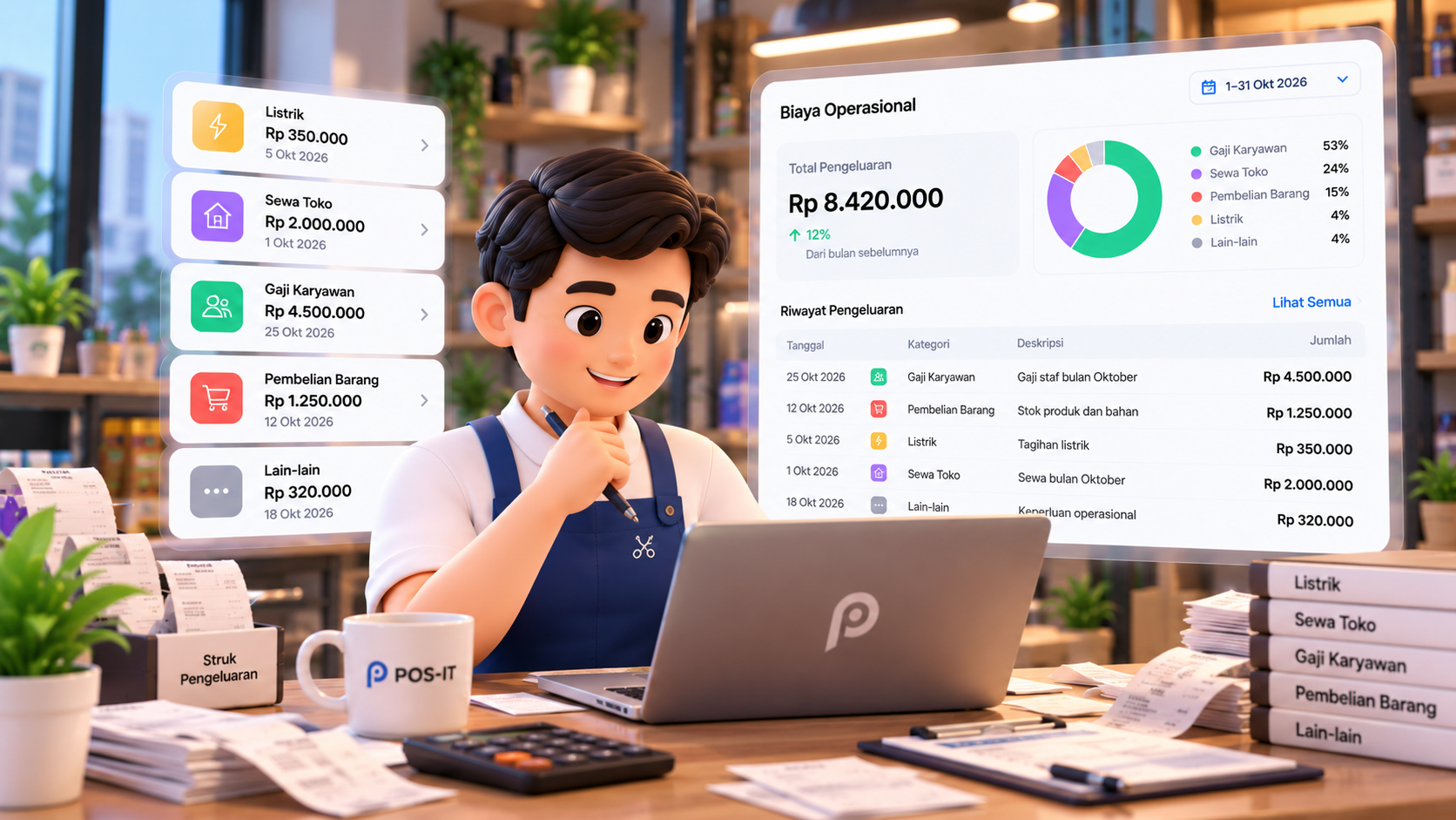 Ilustrasi 3D Pencatatan Biaya Toko